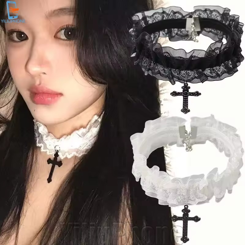 [Bless] 2/1 ชิ้น Y2K Cross Lace Choker - เครื่องประดับแฟชั่น - เครื่องประดับโลลิต้า - สร้อยคอย้อนยุค