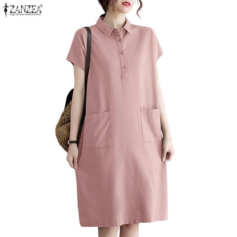 ZANZEA ผู้หญิงเกาหลี Commute Casual Stand Lapel ครึ่งปุ่มแขนสั้น Patch กระเป๋าหลวมเสื้อ