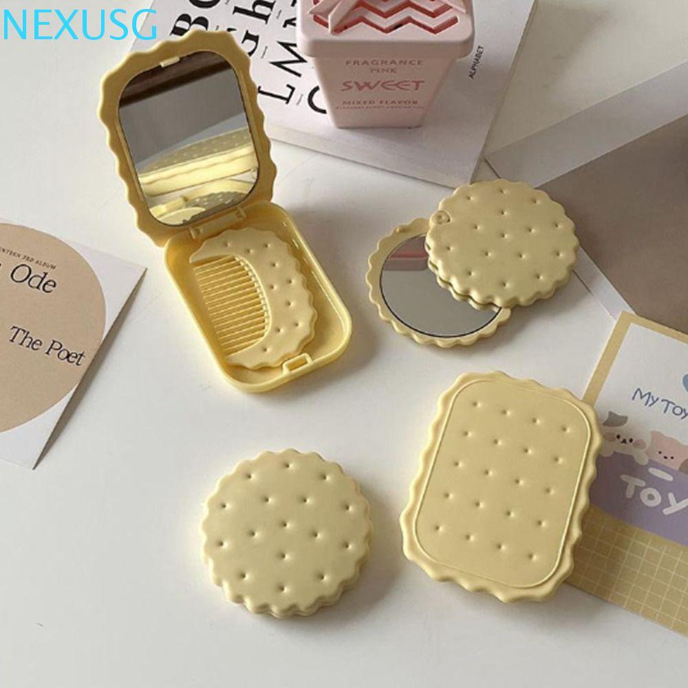 NEXUSG Biscuit Hand-Held Mirror, Mini Cheese Biscuit Design Biscuit Make-Up Mirror, Simple Folding P