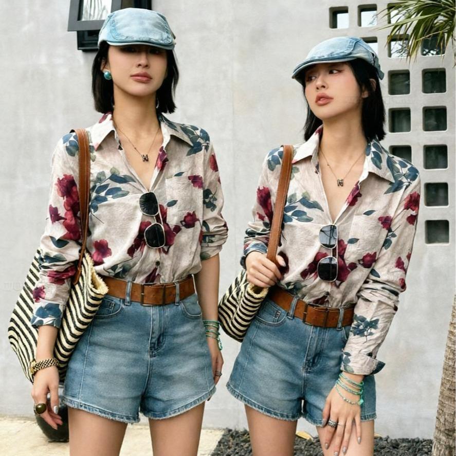 Chili Koko เสื้อเชิ้ตแขนยาวลายดอกกุหลาบผู้หญิง คอปกทรงหลวม ผ้าบางระบายอากาศสไตล์วินเทจ คอวีเปิดหน้า 99396