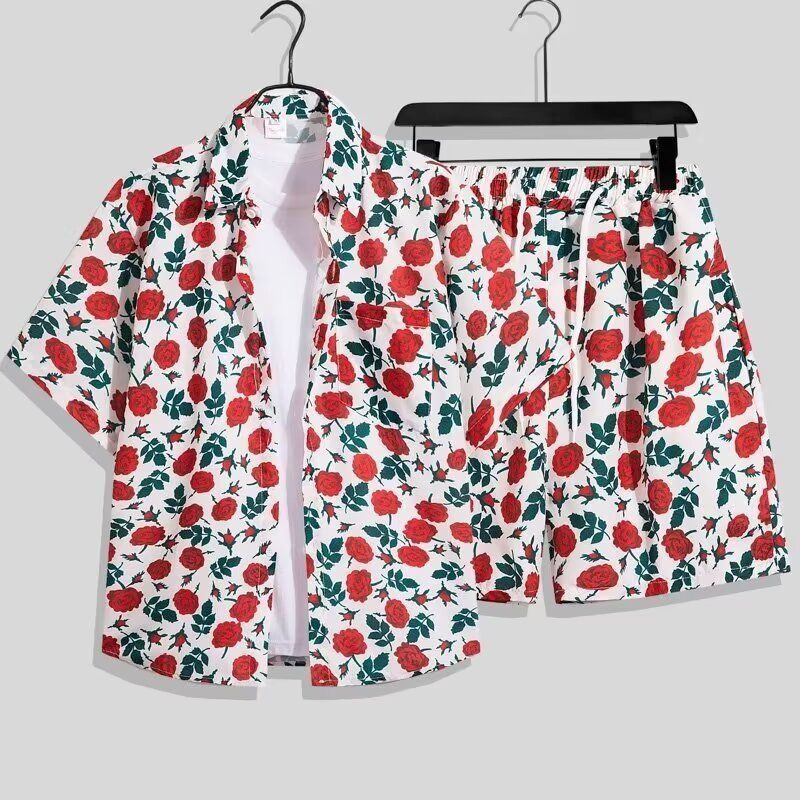 Hawai Style Retro Rose Full Print Short-Sleeved Shirt Suit Male Hawaii Beach Style Couple Shirt Shor