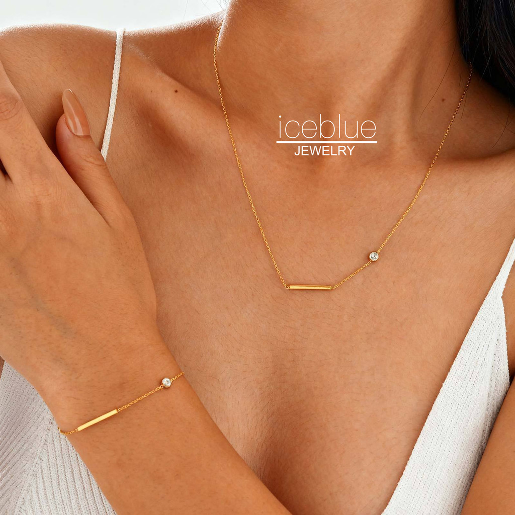 Iceblue-รูปสี่เหลี่ยมผืนผ้าZirconiaสร้อยคอ18K Gold Platedสแตนเลสกันน้ําNon Tarnish Hypoallergenic All Matchเครื่องประดับสร้อยคอผู้หญิงN209