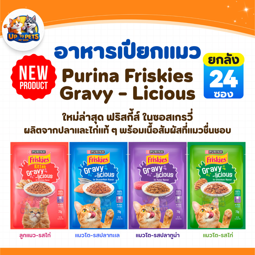 [ ยกลัง 24 ซอง ] สุดคุ้ม Friskies ฟริสกี้ส์ 70 G. อาหารเปียกสำหรับลูกแมวและแมวโต สูตร เกรวี่