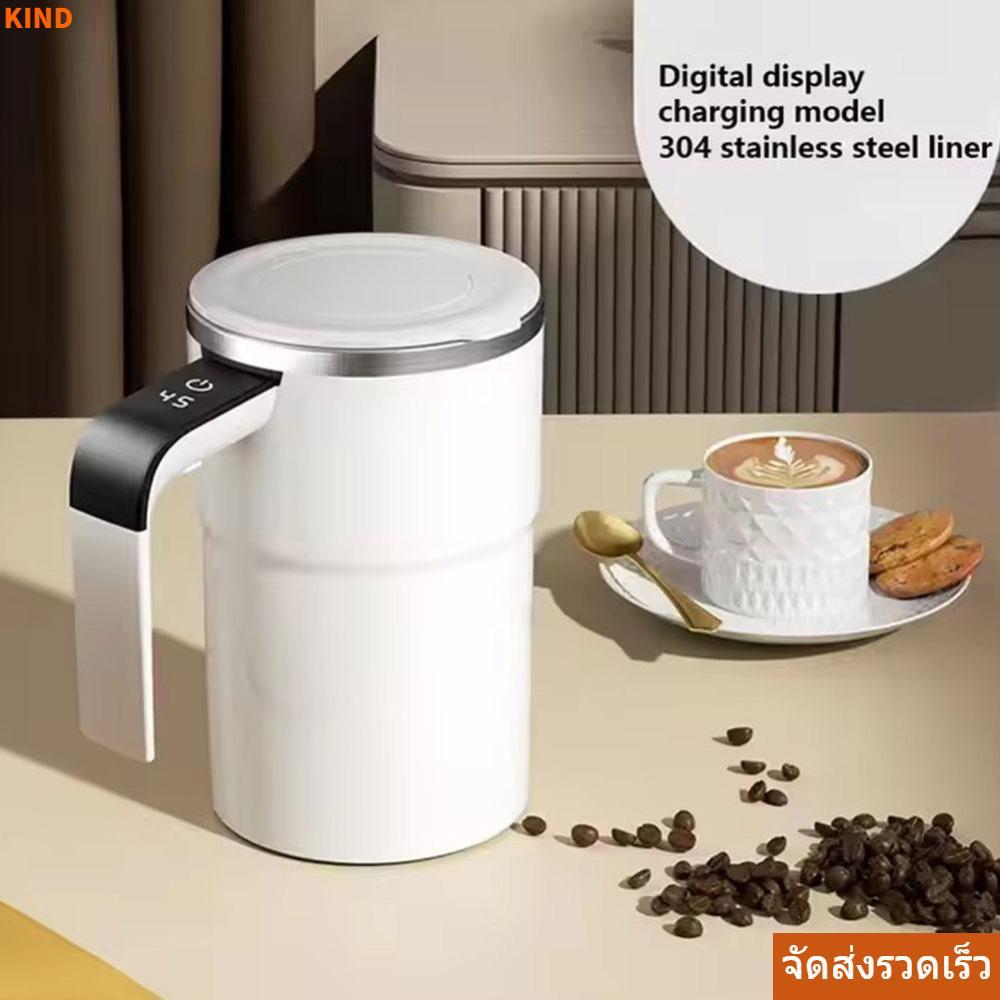 KIND ถ้วยกาแฟไฟฟ้าขนาดเล็กพร้อมฝาปิด ถ้วยผสมอัตโนมัติ 380ML, จอแสดงผลอุณหภูมิ LED สําหรับเดินทาง USB ชาร์จหมุนเครื่องปั่น USB ถ้วยผสมไฟฟ้าสําหรับกาแฟ/นม