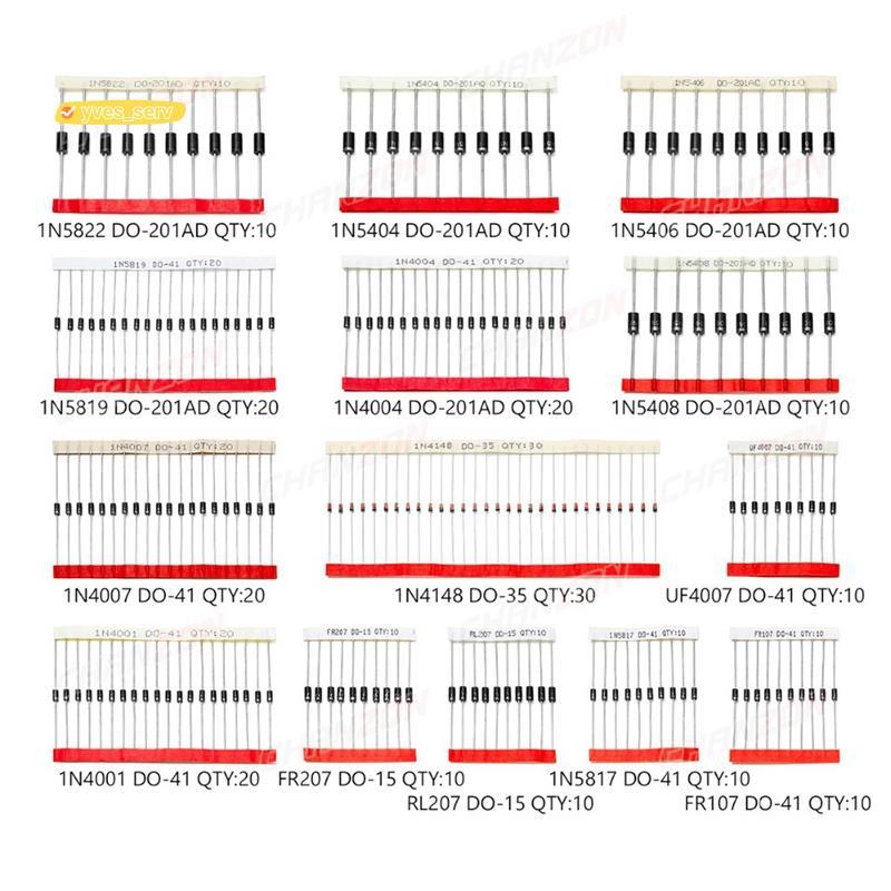 yves_service200 ชิ้น Fast Switching Schottky Diode Kit 1N4001 1N4004 1N4007 1N5408 UF4007 FR207 1N58