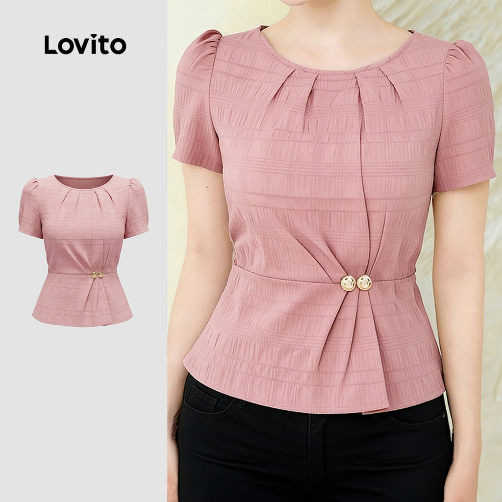 K4-MAR26-L-2-รอบคอแขนสั้นจีบ Textured ผ้า Elegant Top-BLK4PBD799