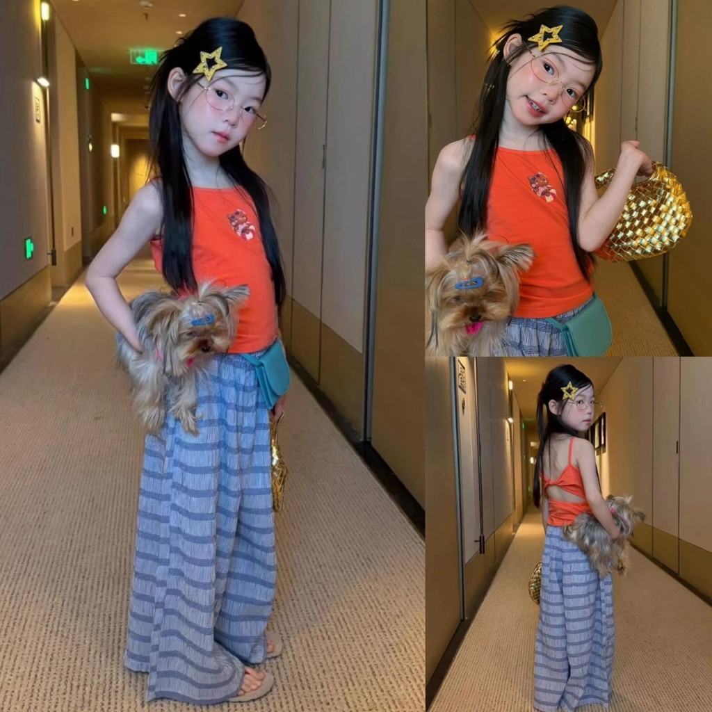 PRETTY BABY เสื้อเด็ก เสื้อสายเดี่ยว โชว์หลัง กางเกงขายาวเด็ก ทรงกระบอก ลายขวาง(2170)