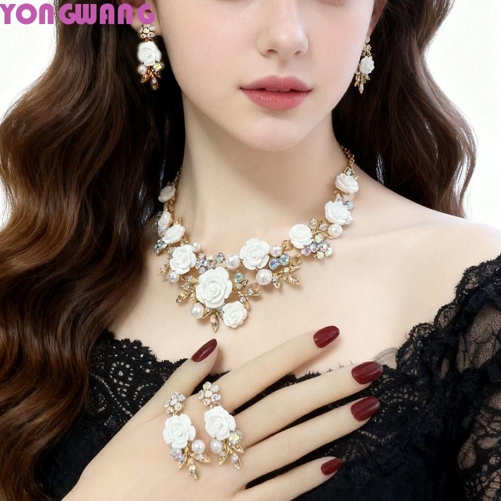 YONGWANG66HR 1 ชุดดอกไม้คริสตัลชุดเครื่องประดับ,Multicolor เคลือบสร้อยคอต่างหูชุด,อินเทรนด์ Camellia