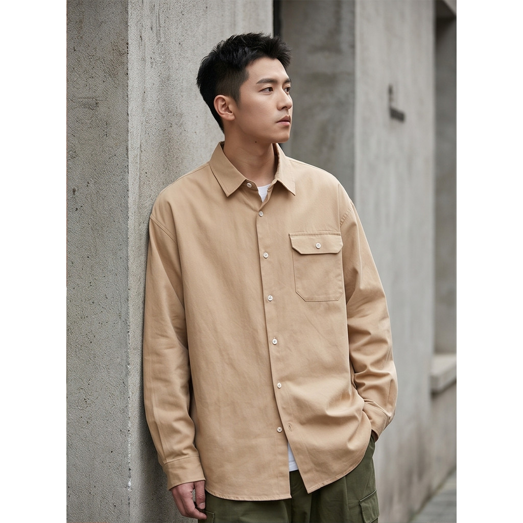 CTA3017 เสื้อเชิ้ตแขนยาวผู้ชายสีพื้น คอปกกระดุมหน้า มีกระเป๋าหน้า สไตล์สตรีทเกาหลีโอปป้า ดีไซน์เรียบ