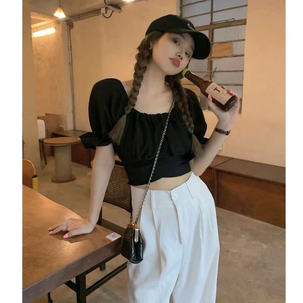 เสื้อ White Puff Sleeve Back Tie French Sweet Spicy Crop Short Niche Trendy Hot