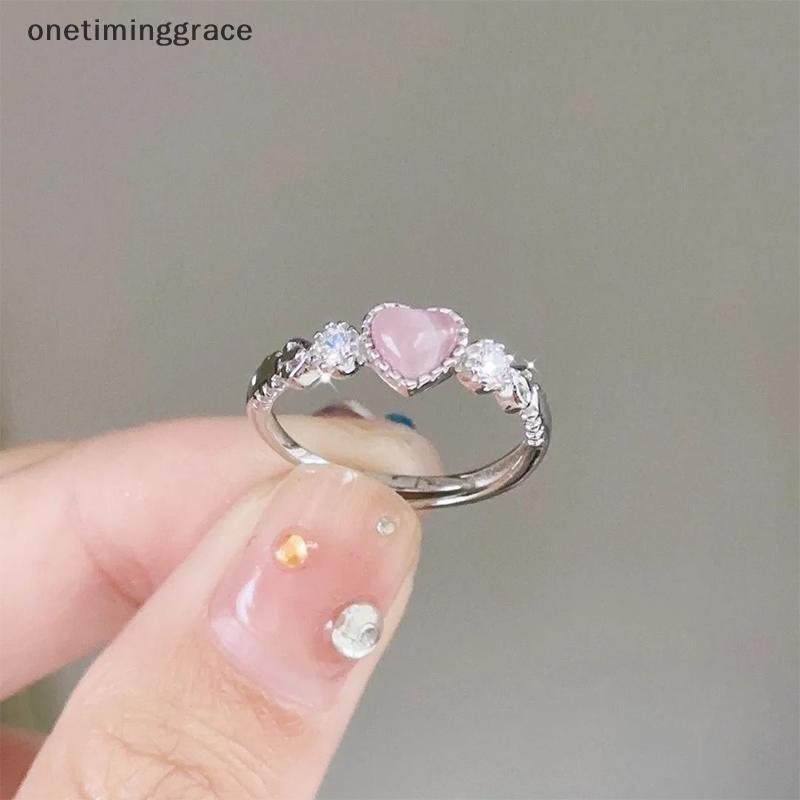Onetiminggrace แหวนเงินหัวใจสีชมพูโอปอล Creative Finger แหวน Vintage ความงามน่ารัก Punk แหวนผู้หญิง Charm เครื่องประดับอุปกรณ์เสริม OMA