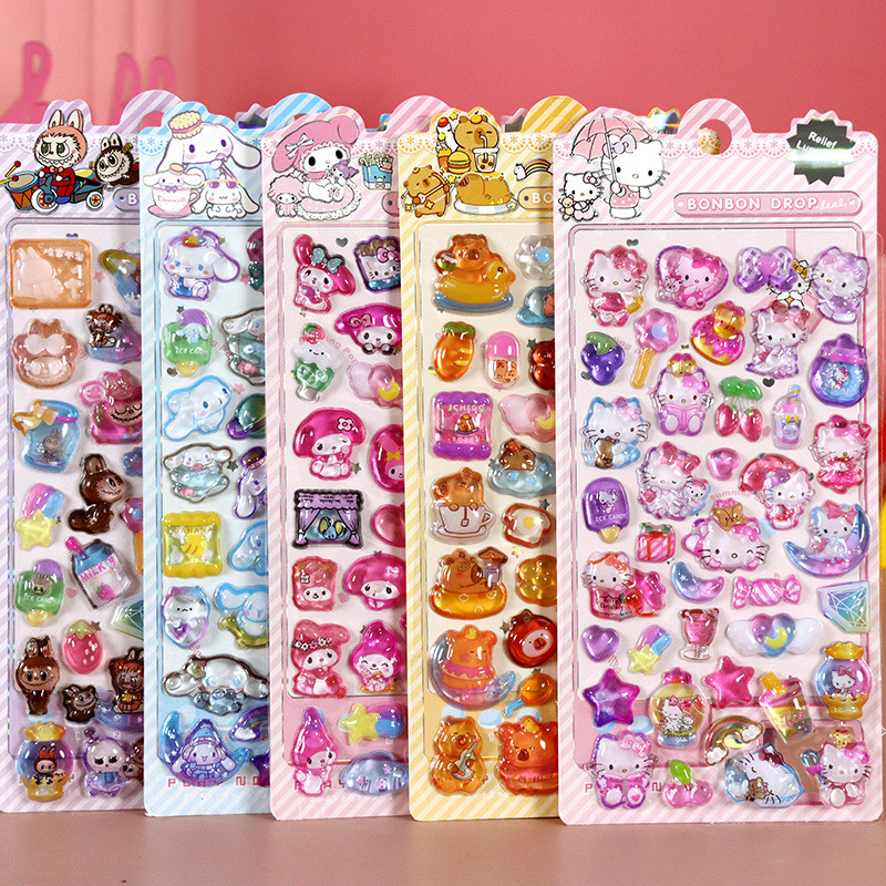 สติ๊กเกอร์การ์ตูนเด็ก 4 ชิ้น,ผ้าซานริโอ้ ลาก้า ปิบาลา 3ง สามมิติสติกเกอร์น้ํานูน, สติกเกอร์เขย่าน้ําน่ารักของเล่น