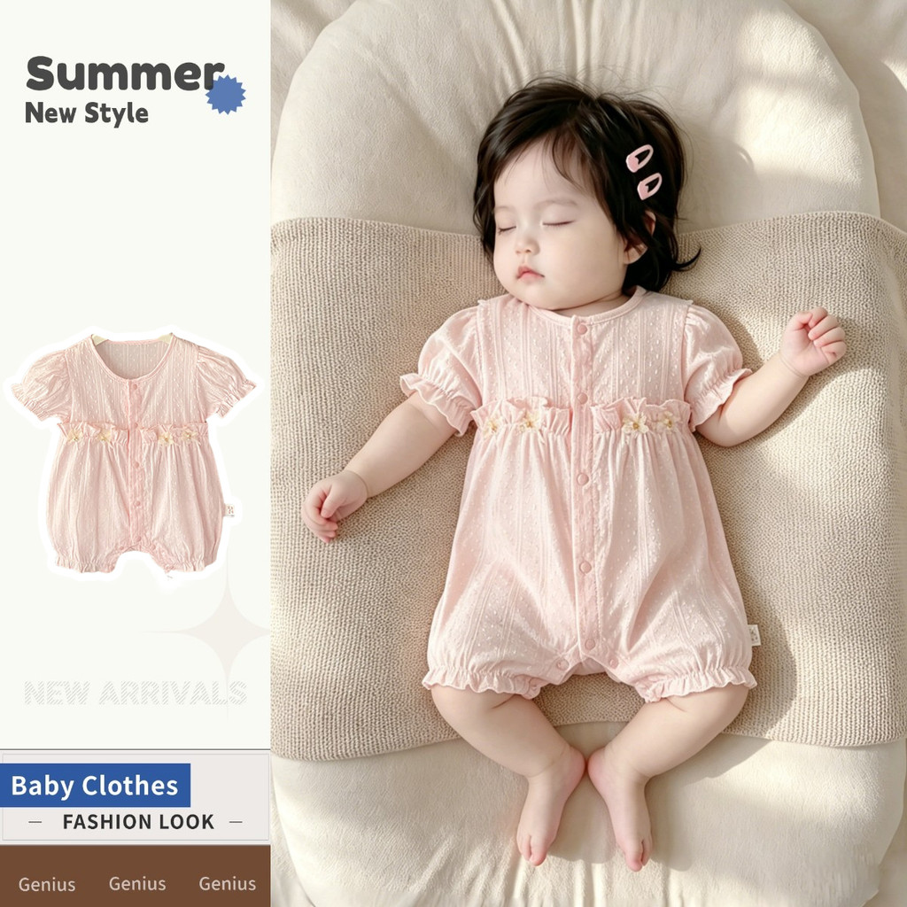 0-28 เดือนสีชมพูเจ้าหญิงเด็กทารกแขนสั้น Jumpsuit บาง Breathable ฤดูร้อนใหม่ Super Sweet สไตล์เกาหลี Go Out Romper