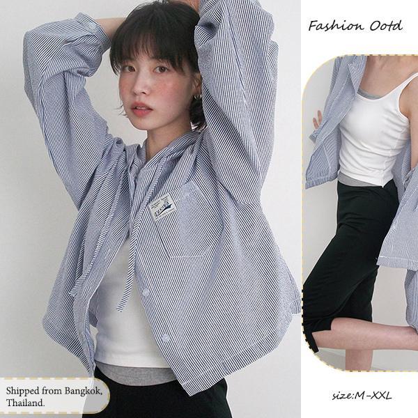mimi#เสื้อเชิ้ตแจ็คเก็ตมีฮู้ดแขนยาวลายทางสำหรับผู้หญิง ปิดด้วยกระดุม  มีกระเป๋าปะปักตัวอักษร สวมใส่สบายและทันสมัย#99409