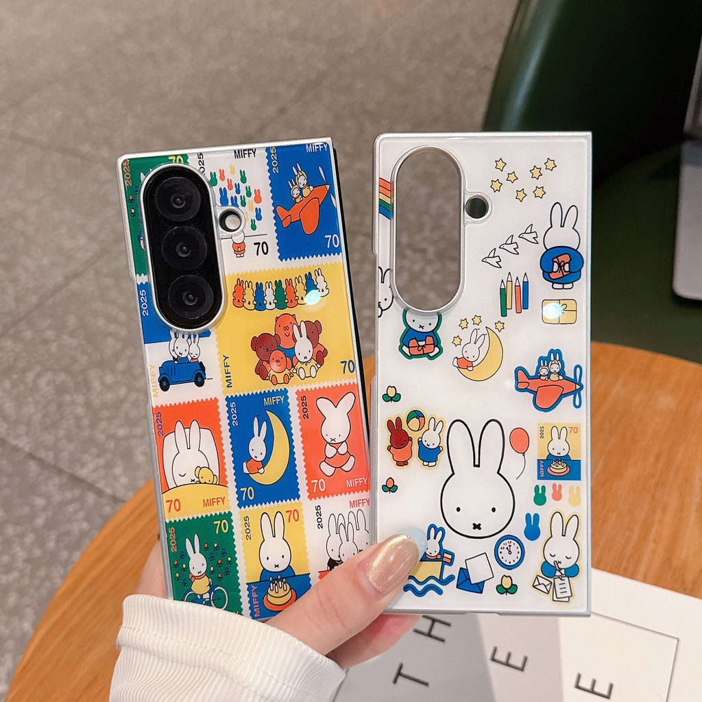 น่ารัก Miffy Bunny เคส Samsung Galaxy Z Fold 7 6 Case ความรู้สึกน้ำแข็ง กระจกนิรภัย พลิกปก เคส
