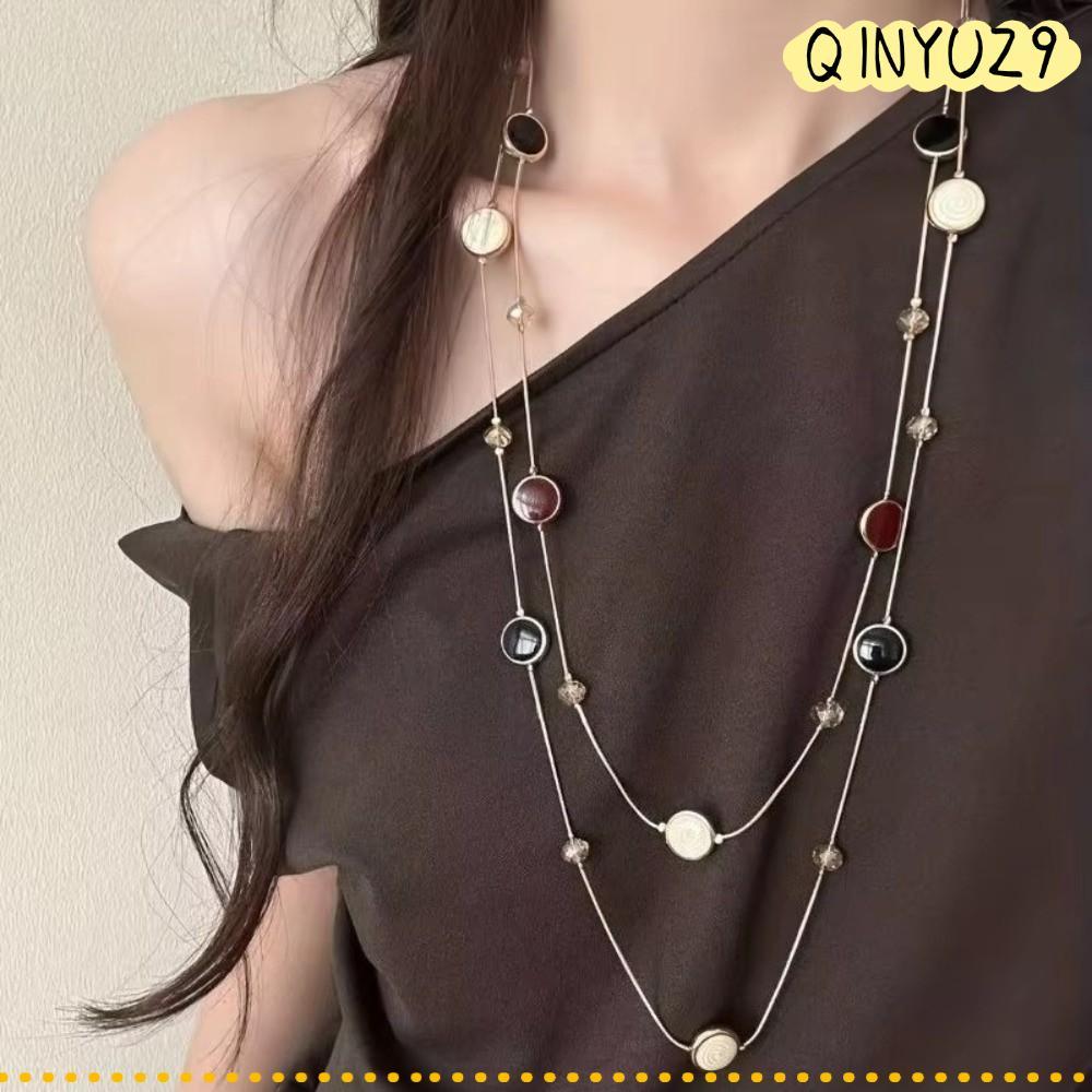 QINYUZ9QX จี้สร้อยคอ,โลหะยาวลูกปัดคอ,อินเทรนด์สองชั้นแก้วลูกปัดเสื้อกันหนาวสร้อยคอพรรคชุดอุปกรณ์เสริ
