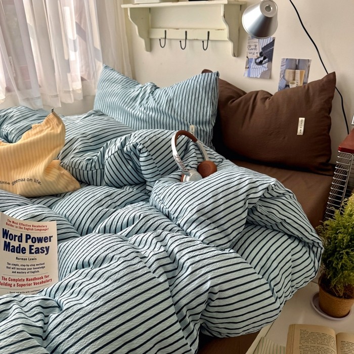 Simple American Striped Mix and Match โพลีเอสเตอร์ Cadar เดี่ยว/Queen/King Size ชุดผ้าปูที่นอน 4 in 1 ชุดเครื่องนอนผ้าปูที่นอนผ้านวมชุด