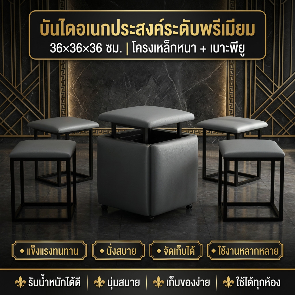 ชุดเก้าอี้กล่องอเนกประสงค์ 5-in-1 โครงเหล็ก แข็งแรง หนัง PU เกรดพรีเมียม พร้อมเคลื่อนย้ายง่าย