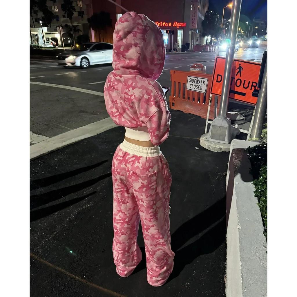 Y2k Hip-Connect Sportswear Street Camouflage กางเกงกีฬาสุภาพสตรีสไตล์สั้น Hooded Suit สองชิ้น Cross-