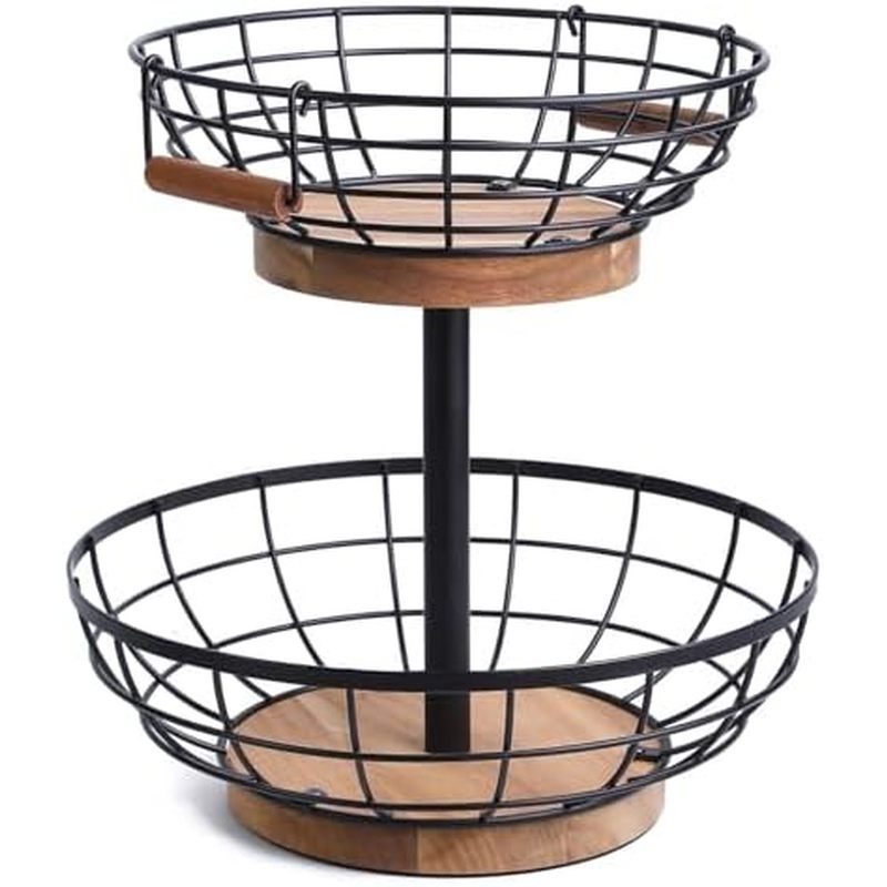 2-tier Fruit Basket Bowl,Metal Basket with Wooden Base,Fruit and Vegetable Storage with Banana Hange