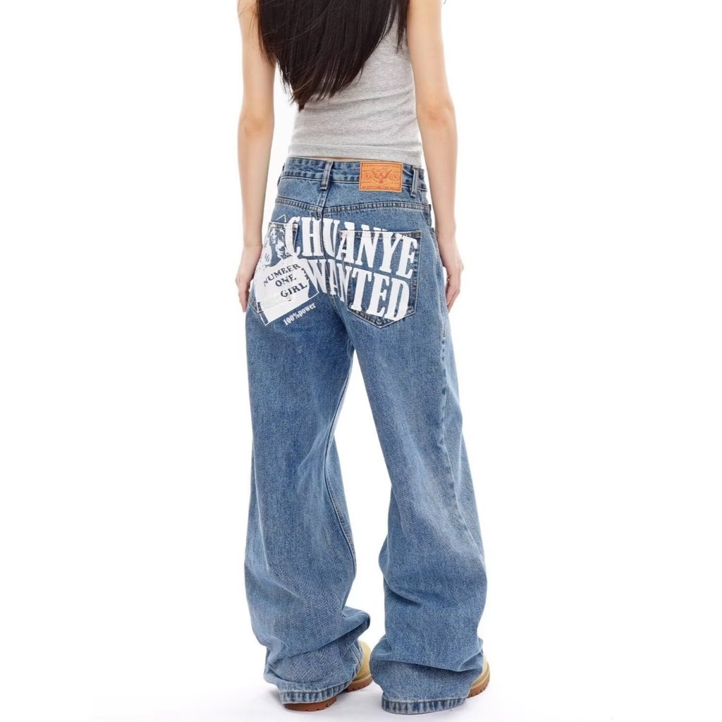 2026 American Retro Distressed Jeans Men Loose Wide-Leg Pants Women