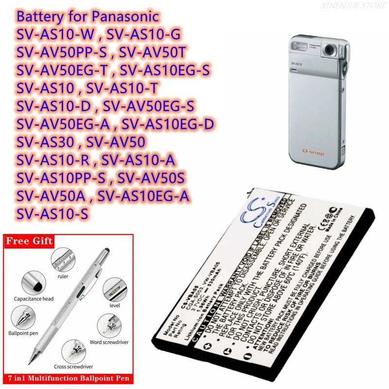 แบตเตอรี่กล้อง CGA-S003, VW-VBA05 สําหรับ Panasonic SV-AS10, SV-AS10EG, SV-AS10PP, SV-AV50PP, SV-AV5