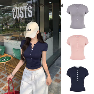 MOSESQUEEN มอสส์ ราชินี เสื้อยืดแขนสั้นติดกระดุมครึ่งคอปก -เสื้อกีฬาทรงเข้ารูปเฉพาะฤดูร้อนสําหรับผู้หญิง #63595