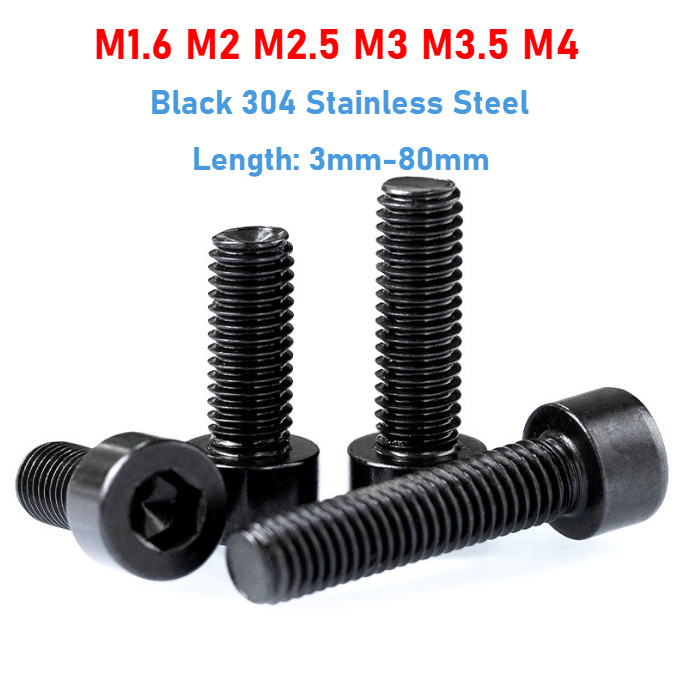 M1.6 M2 M2.5 M3 M3.5 M4 สีดํา 304 สแตนเลสสตีล Hex ซ็อกเก็ตหัวสกรู Allen Bolt 3 มม.-80 มม.