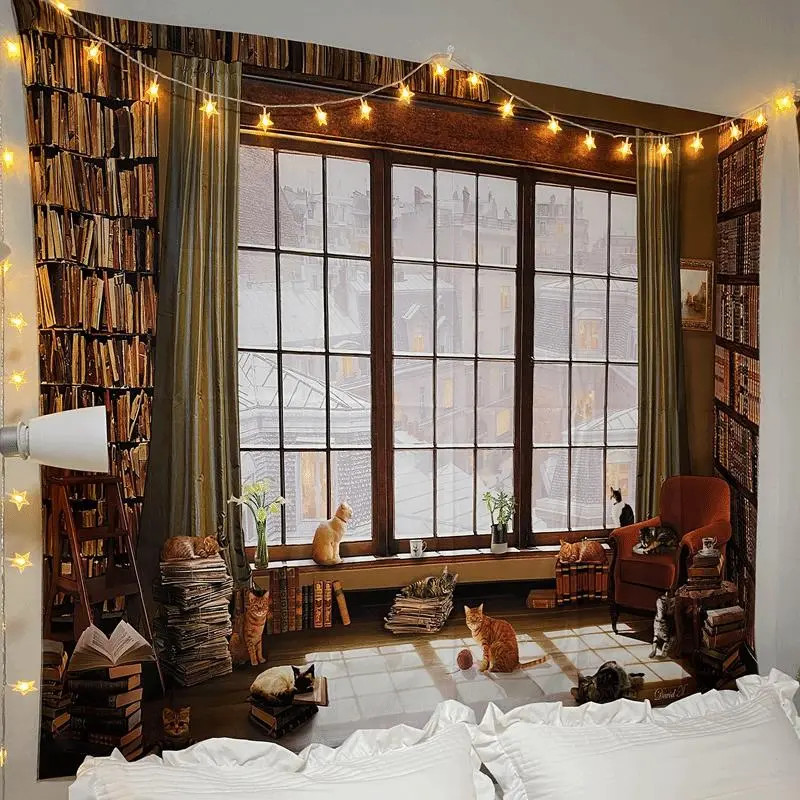 Retro Bookshelf Window Large Background Cloth, Headboard Living Room Bedroom Cat Tapestry, Wall Decor Hanging Cloth for