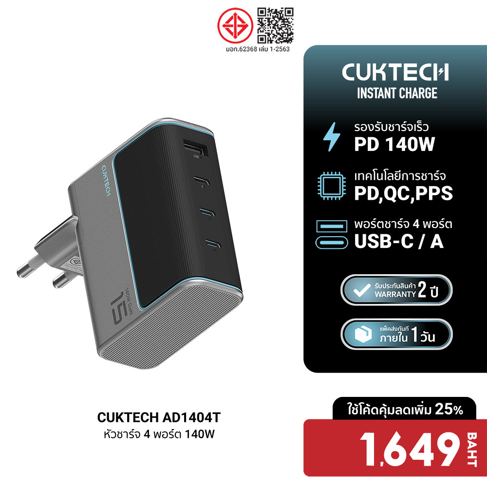 [ลดเหลือ 1649] CUKTECH GaN3 AD1404U / AD1404T 140W จ่ายไฟแรงถึง 4 พอร์ต 3x USB-C / 1x USB-A รองรับ P
