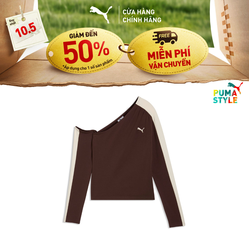 PUMA Womens Fashion T7ไม่สมมาตร Longsleeve Chocolate Brown T-Shirt