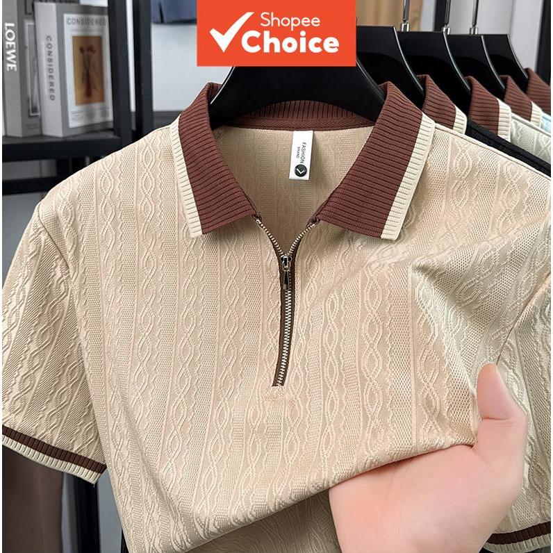 เสื้อโปโลคอปกสีตัดชาย ดีไซน์ลายถัก โปร่งสบาย ซิป สวมใส่ง่าย แขนสั้น นุ่มนวล เหมาะสําหรับธุรกิจและพักผ่อนคุณพ่อ