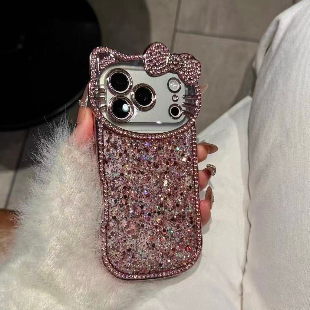 เพชรน่ารัก KT Cat เลนส์กรอบ Sequined Glitter เคสโทรศัพท์สําหรับ iPhone 17 Pro Max 16 15 14 13 Pro Max ปลอกกันกระแทกป้องกันกล้องรวมทุกอย่างฮาร์ดปกหลัง iPhone