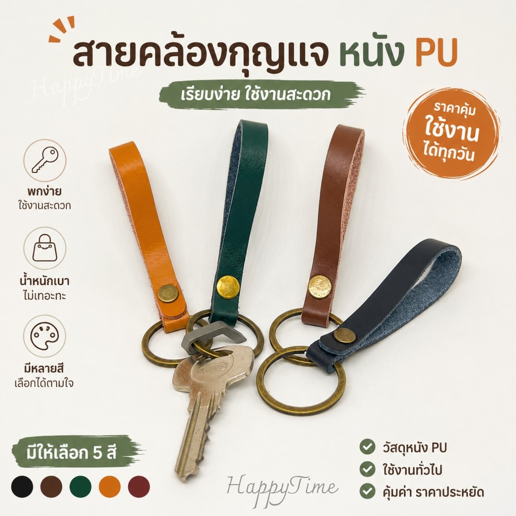 พวงกุญแจหนัง PU มินิมอล ห่วงทองเหลืองสไตล์วินเทจ มี 5 สี ห้อยกุญแจเรียบง่าย น้ำหนักเบา