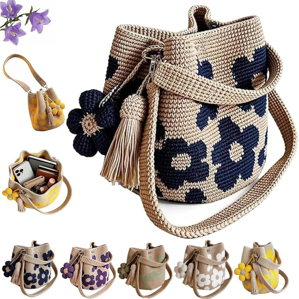 HandmadeCrochetดอกไม้Tote,KnitFloralPurseBag,BohoWovenBeachกระเป๋าถือCrossbodyShoulderBagforWomenVaion