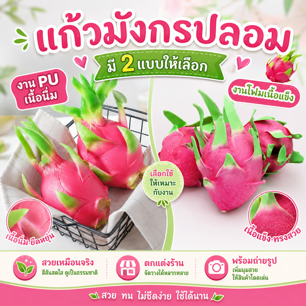 แก้วมังกร ปลอม ผลไม้ปลอม วัสดุ PU เนื้อนิ่ม และงานโฟมเนื้อแข็ง เหมาะสำหรับตกแต่งบ้าน ร้านค้า หรือใช้เป็นพร๊อพถ่ายรูป