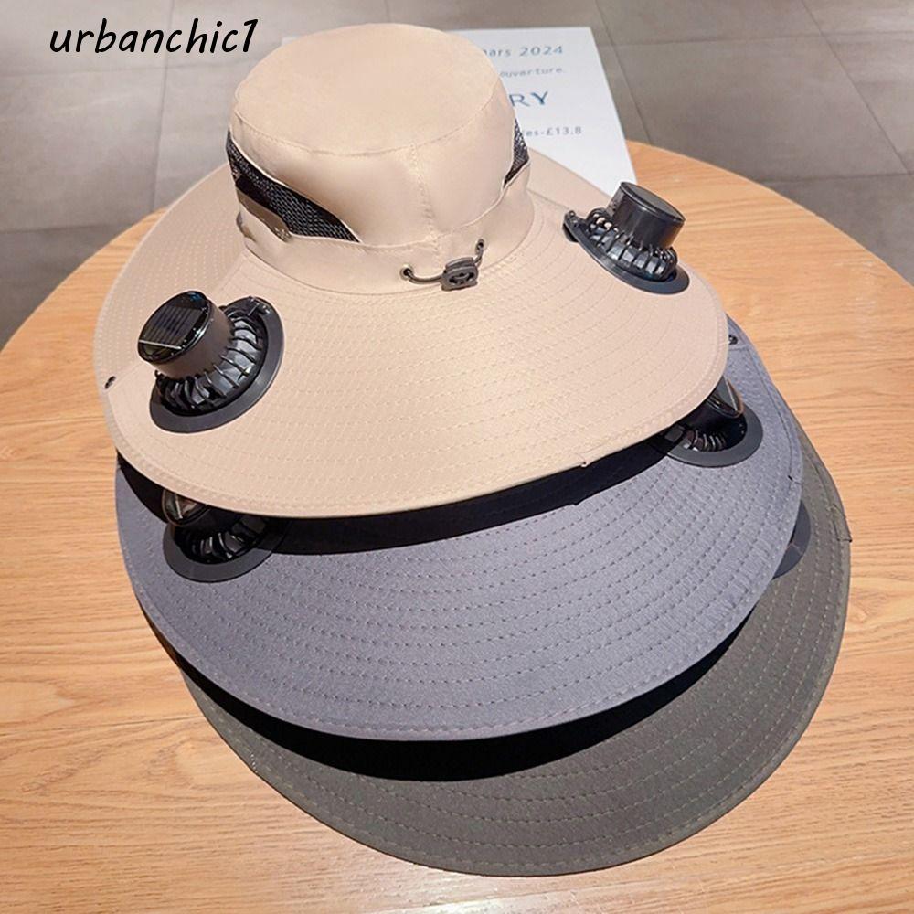 URBANCHIC หมวกปีกกว้างพัดลมโซลาร์เซลล์ พร้อมพัดลมสองใบสามารถถอดได้ ควบคุมความเร็ว 3 ระดับ สวมใส่สบายในหน้าร้อน
