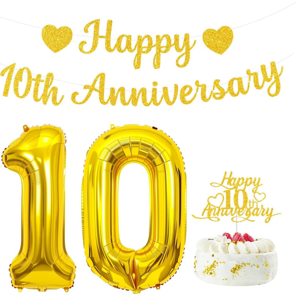10th Anniversary Party Decoration ประกอบด้วยแบนเนอร์กลิตเตอร์สีทอง,เค้ก Topper,ลูกโป่งฟอยล์หมายเลข 1