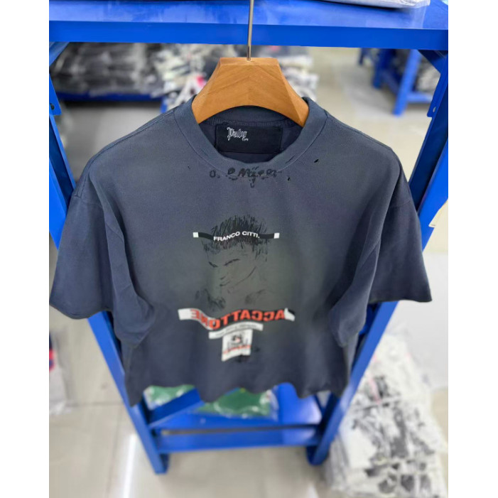 High Street Distressed Destruction ล้างแขนสั้นเสื้อยืด Retro Portrait พิมพ์ตัวอักษรหลวมผ้าฝ้าย H