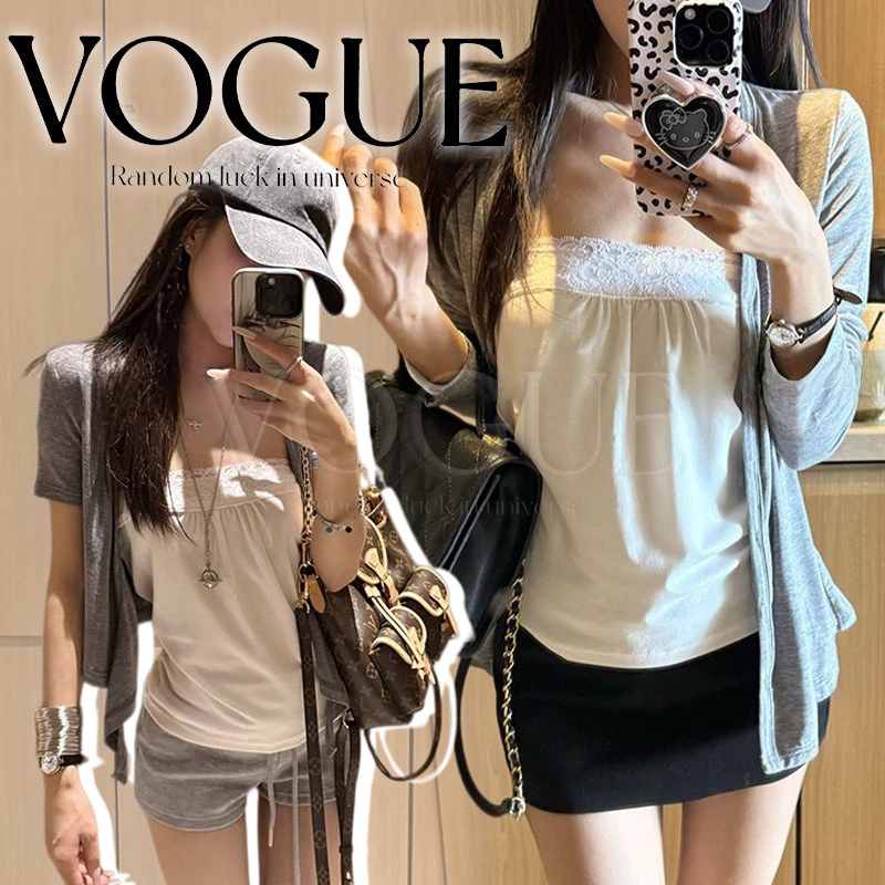 Vogue🌟พร้อมส่ง🌟 เสื้อคลุมแขนสั้น+เกาะอก ได้สินค้า2ชิ้น ใส่สบายยืดตามตัว (FY8306)