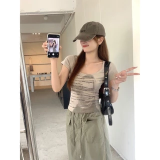 Lalita ส่งไวจากไทย เสื้อยืดผู้หญิง แขนสั้น ลายตัวอักษร สไตล์เกาหลี ย้อนยุค เซ็กซี่