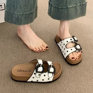 Polkadot หนาSoled Birkenstock รองเท้าแตะผู้หญิง 2026 Polka Dot รองเท้าแตะผู้หญิงเพิ่มความสูงแฟชั่น All-Match Flip-Flops Outing รองเท้าแตะ