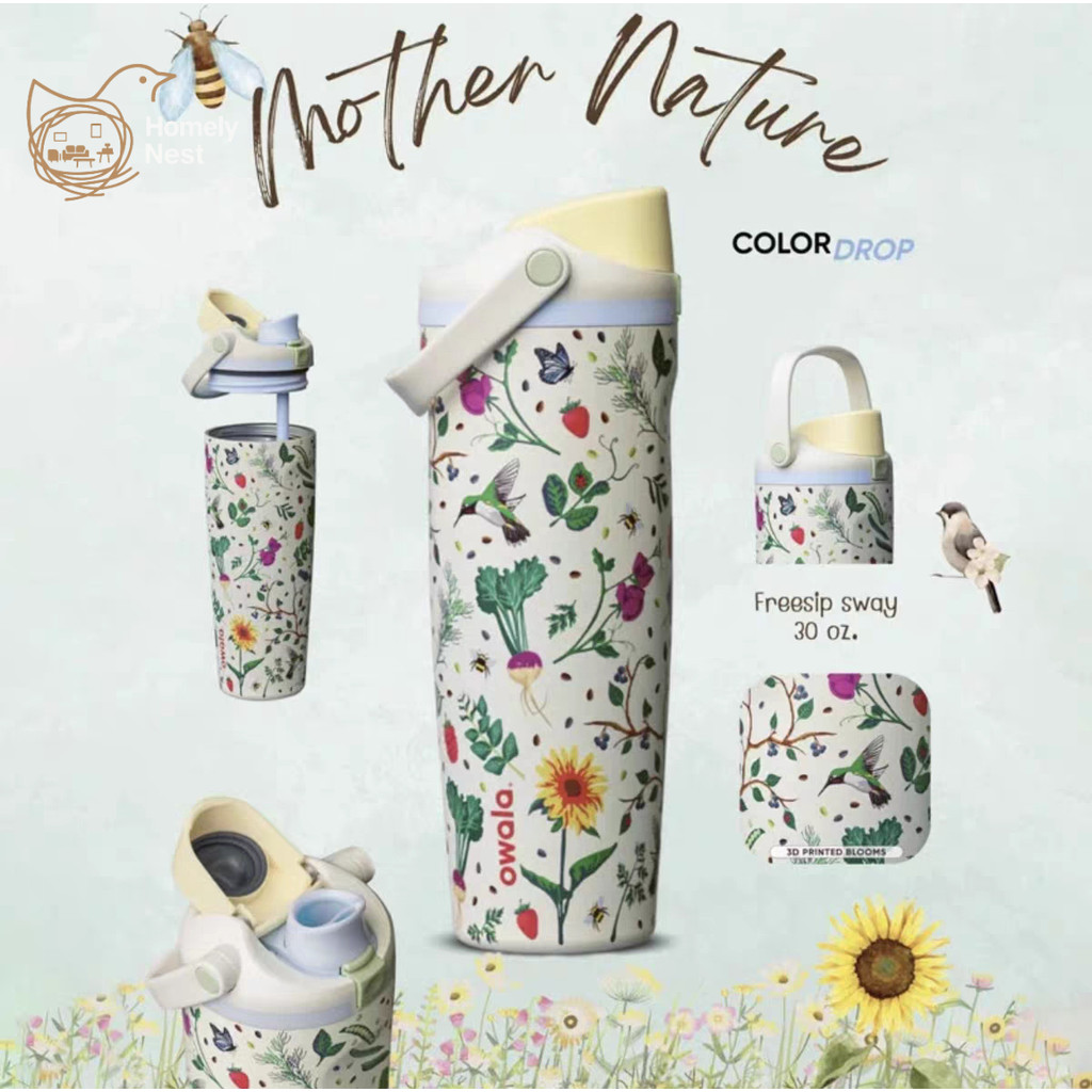 Owala Mothers Day 30oz 890ml กระติกน้ําร้อนความจุขนาดใหญ่-แก้วฟางสวนมือวาด,ฉนวนขวดน้ําแบบพกพาสําหรับการเดินทางกลางแจ้ง
