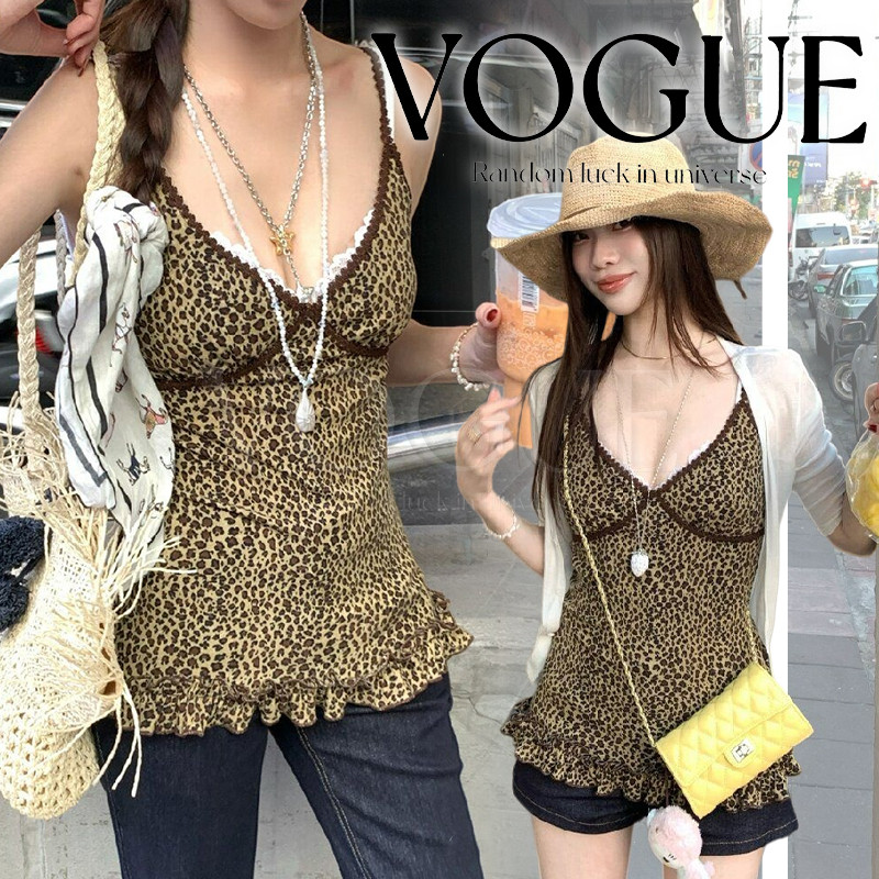 Vogue🌟พร้อมส่ง🌟 เสื้อเดี่ยวลายเสือดาว ดีเทลขอบลูกไม้สุดเซ็กซี่ ระบายเป็นชั่นๆ (FY2060#1)