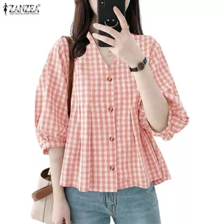 ZANZEA เสื้อลายสก๊อตทรงหลวม คอวี สไตล์ลำลองแบบเกาหลี