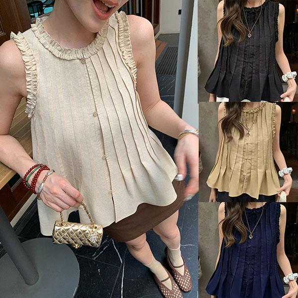 MIMI[สินค้าพร้อมส่ง]เสื้อกั๊กผ้าลินินแขนกุดระบายหวานๆ ผ้าฝ้ายผสมไหมระบายอากาศได้ดี เย็นสบาย น่ารัก สำหรับผู้หญิง#W723