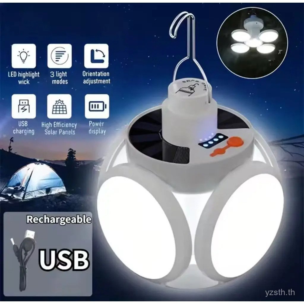 CRX โคมไฟ LED แคมป์พลังงานแสงอาทิตย์โคมไฟเต็นท์พร้อมตะขอชาร์จไฟผ่าน USB กันน้ำไฟพับได้แบบพกพาสำหรับก