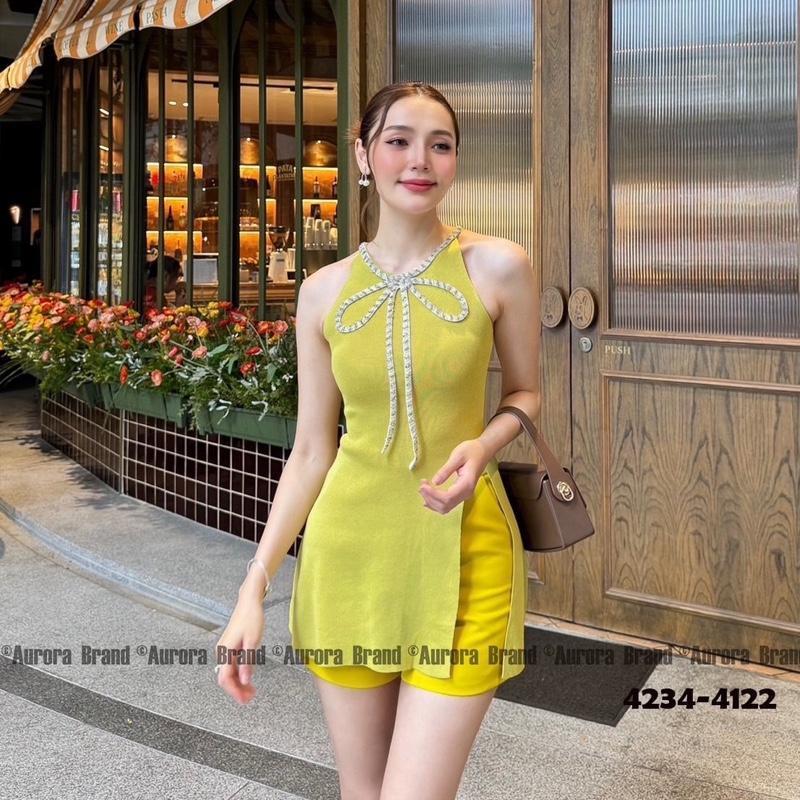 พร้อมส่ง XS-XL ⚡️AR 4234 ชุดเซ็ตผู้หญิง สีเลม่อน สดใส่ เสื้อแต่งโบว์เพรช+กางเกงขาสั้น สไตล์สาวเวียด