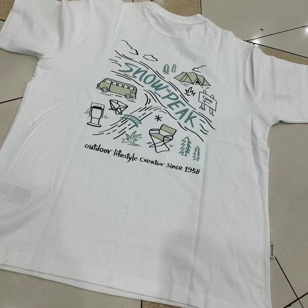 Snow Peak ผู้ชายผู้หญิงผ้าฝ้ายแท้กลับเต็นท์การ์ตูน Camping พิมพ์เสื้อยืดแขนสั้น342345