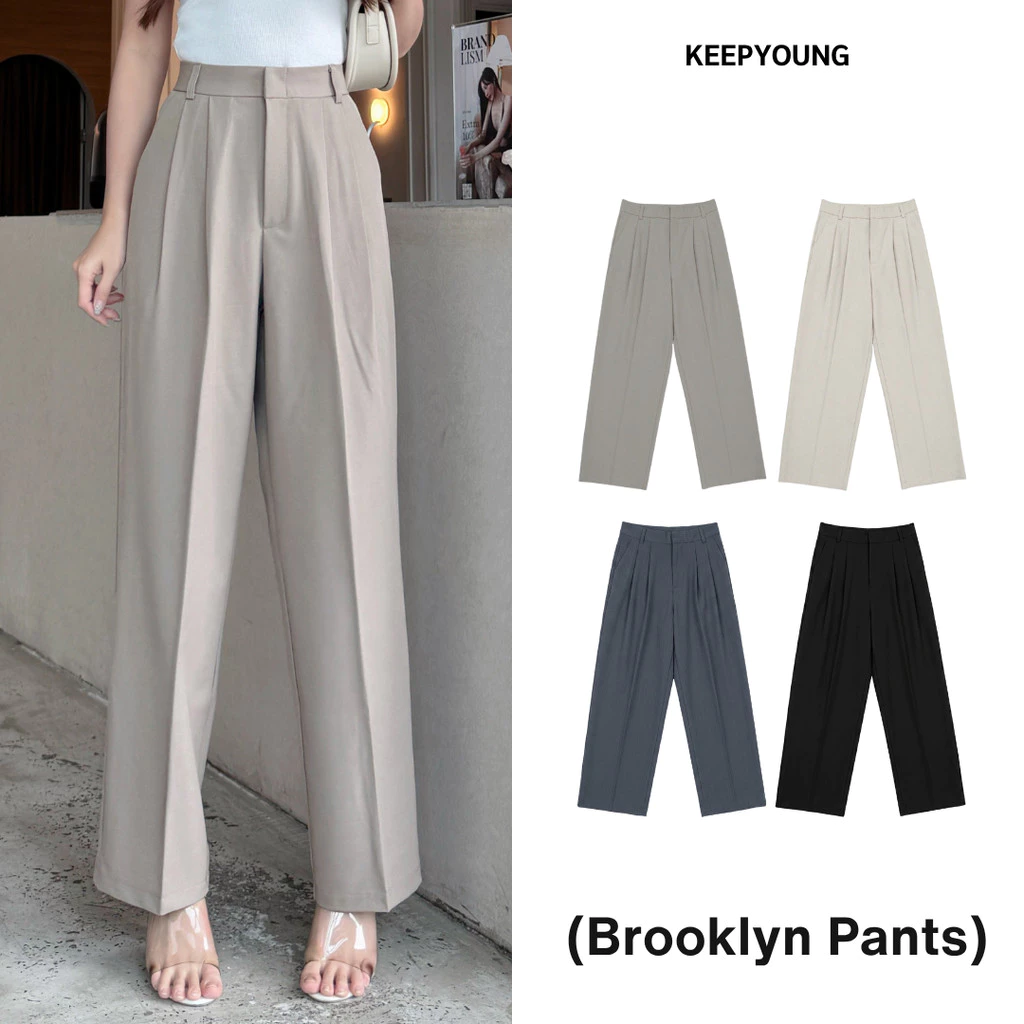 KEEPYOUNG [S-3XL] กางเกงทรงกระบอกกลาง เอวสูง ผ้าสแลค ผ้านุ่มสบาย อยู่ทรง ใส่เที่ยวทำงานได้ รุ่น BROOKLYN PANTS